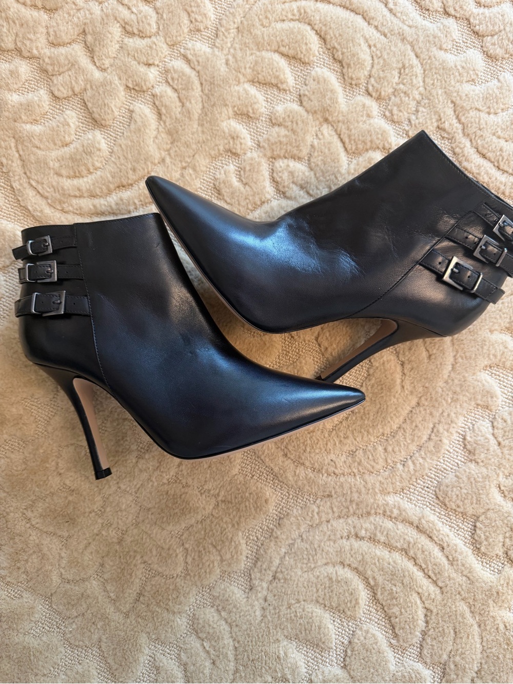 Black Leather Stiletto Ankle Bootie with Side Zip BARNEYS NY